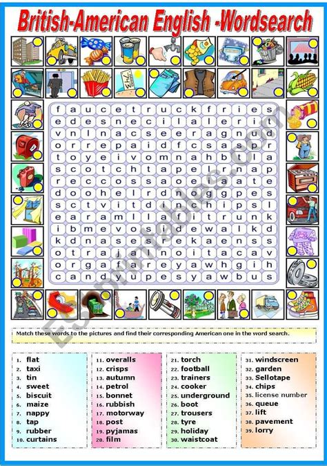 British And American English Wordsearch Bandw Version Included Esl