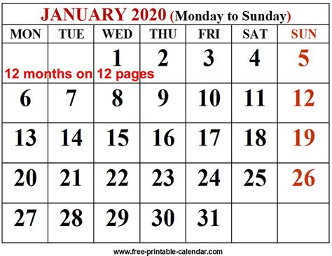 12 Month Calendar 2020 Printable Free Template Calendar Design
