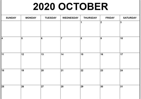 October 2020 Calendar Pdf Word Excel Template 2 Work Calendar