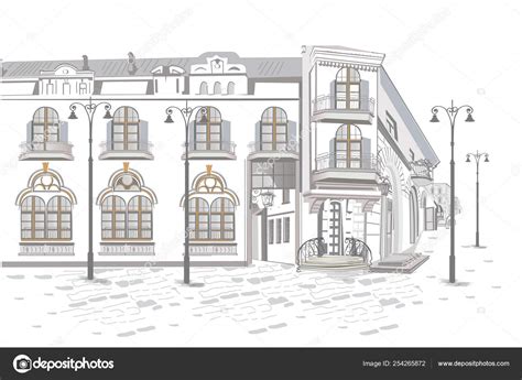 Series Of Street Views In The Old City Hand Drawn Vector Architectural