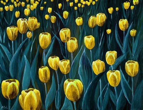 Yellow Tulip Field Painting By Anastasiya Malakhova