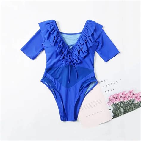 Bademode Frauen Sommer 2020 Blau Ein Stück Badeanzug Monokini Rüschen