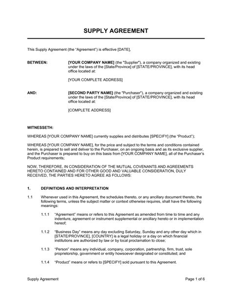 supplier quality agreement template