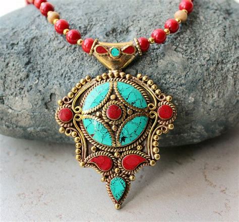 statement necklace nepalese red coral turquoise necklace coral turquoise jewelry tribal