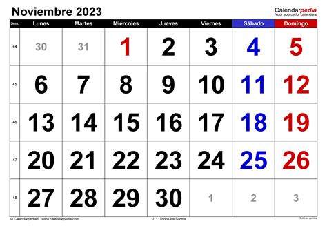 Calendario Noviembre 2023 En Word Excel Y Pdf Calendarpedia