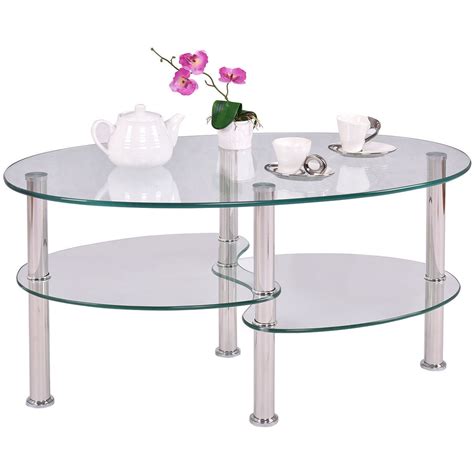 Zimtown Modern Oval Glass Coffee Table Side Shelf Living