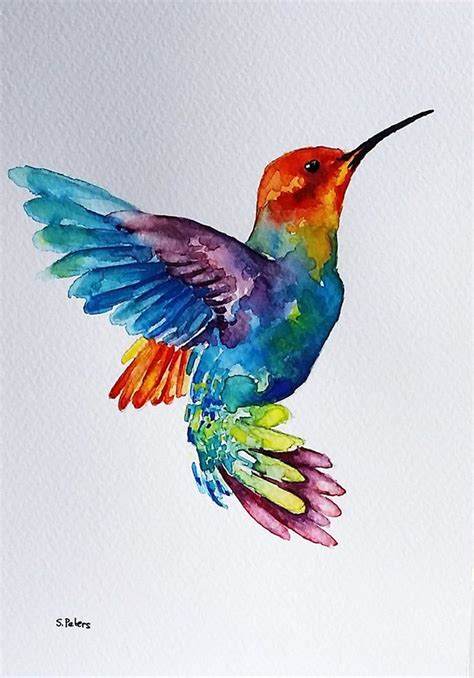 Original Watercolor Painting Flying Rainbow Hummingbird Colorful Bird