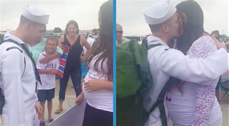 navy wife surprises husband returning from deployment with emotional pregnancy reveal