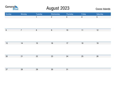 Cocos Islands August 2023 Calendar With Holidays