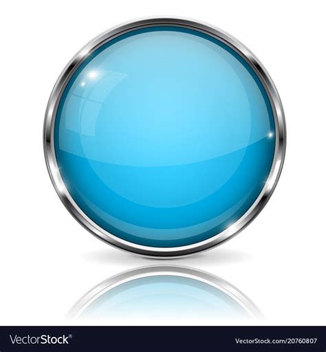 Glass Blue Button With Chrome Frame Round 3d Vector Image