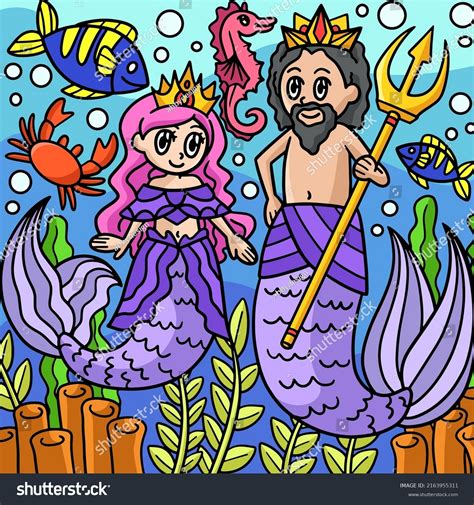 Mermaid Princess Merman King Colored Cartoon Stock Vector Royalty Free