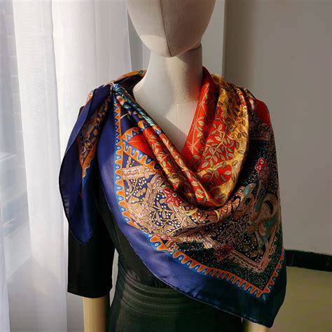 100 Mulberry Silk Twill Vintage Printed Shawl Women Square Wrap Scarf