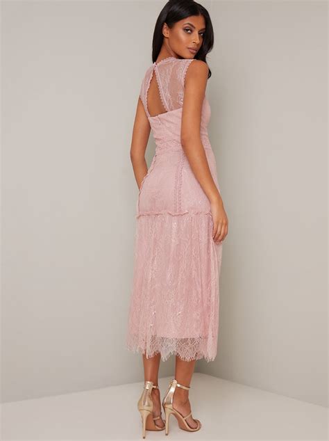Lace Design Drop Hem Midi Dress In Pink Chi Chi London