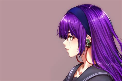 Download Brown Eyes Headband Tears Earbuds Purple Hair Long Hair Anime