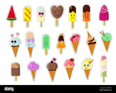 Set Of Kawaii Ice Cream Characters Cute Cartoon Stickers Vector