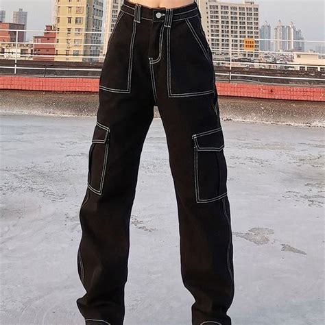Weekeep Pockets Patchwork Baggy Jeans Fashion Streetwear 100 Cotton Women Denim Trouser Loose