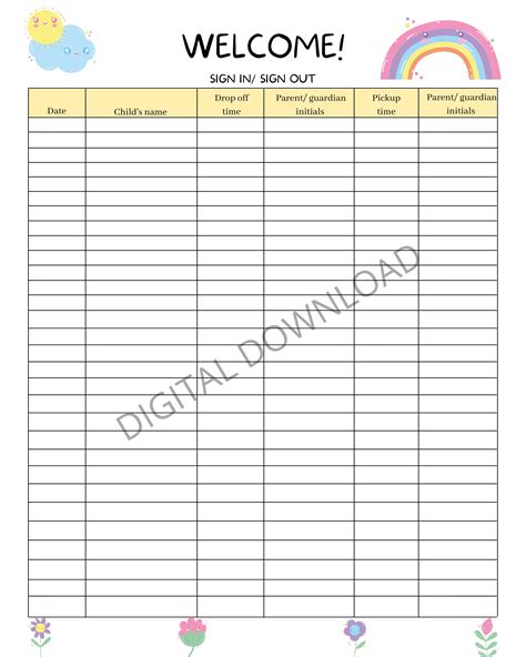 Daycare Sign Inout Sheet Digital Download Pdf Daily Us Etsy