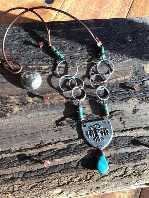 Primitive Thunderbird Necklace With Turquoise And Leather With Vintage Nickel Buffalo Nickel