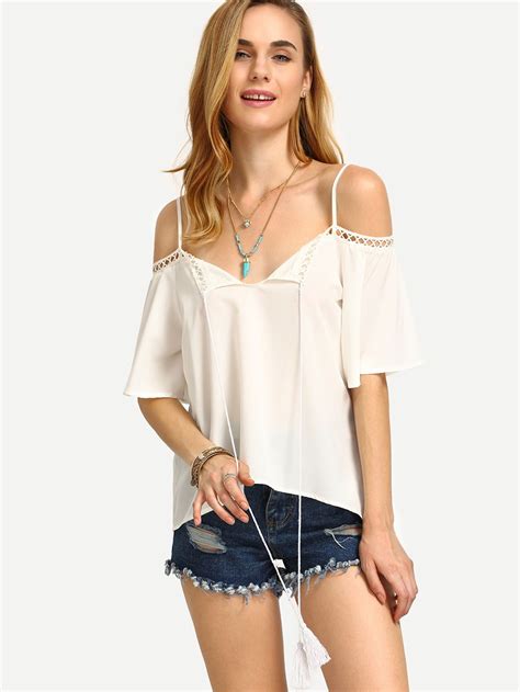 white cold shoulder hollow insert convertible strap blouse shein sheinside ropa blusa sin
