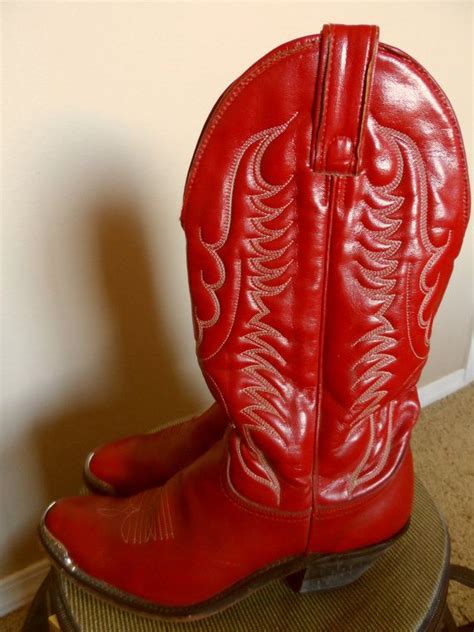 Vintage Red Leather Cowgirl Boots With Metal Detail At The Etsy