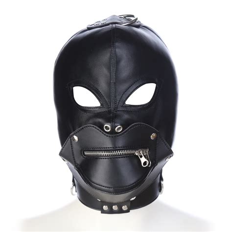 Leather Costume Sex Mask Hood Black Zipper Sealed Full Face Nose Holes