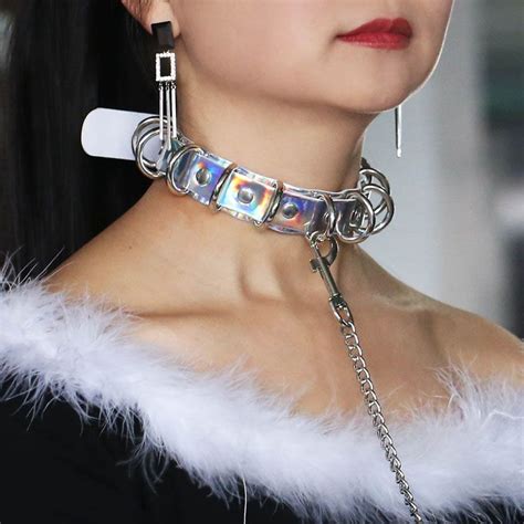 2021 choker necklace women pu handmade laser rainbow bdsm choker rivets metal laser collar