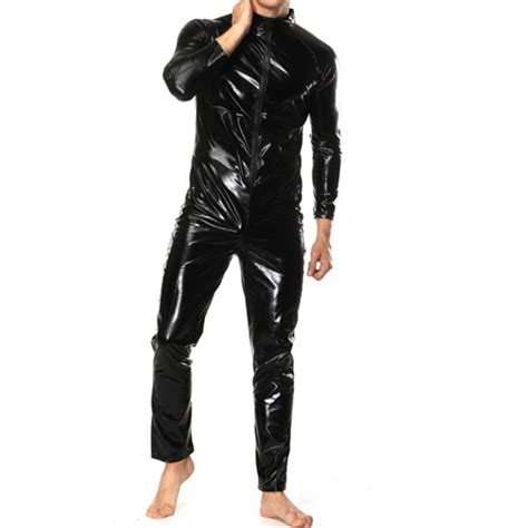 red shiny wetlook faux leather jumpsuit zip open crotch pvc latex catsuit zentai sexy cat women