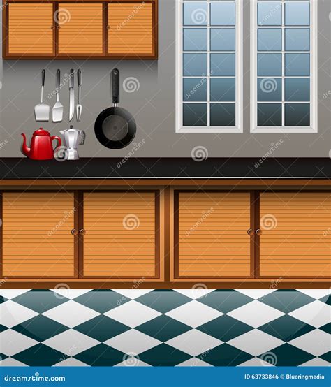 Kitchen With Wooden Cabinet Stock Vector Illustration Of Background