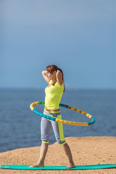 Woman Rotates Hula Hoop On Summer Beach Stock Image Image Of Female