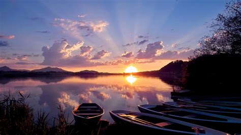 Boat Lake Landscape With Background Of Blue Sky And Sunset Hd Nature