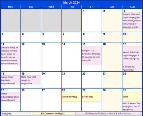 March 2024 Eu Calendar With Holidays For Printing Image Format