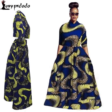 African Print Dashiki Long Dress Women Two Piece Set Elegant Turn Down Collar Party Dresses Plus