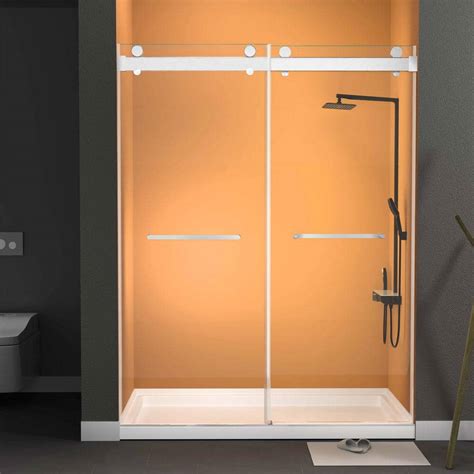 getpro 60 in w x 79 in h double sliding frameless shower door in brushed nickel with soft
