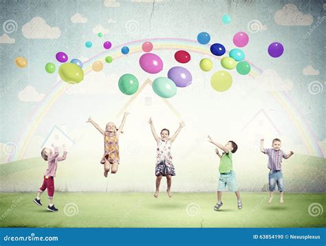 Playful Children Catch Balloons Stock Photo Image Of Diversity