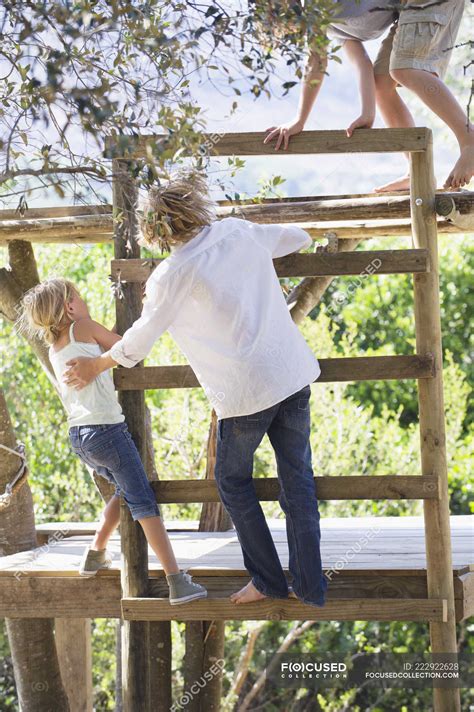 Children Climbing Ladders To Tree House In Garden — Childhood Helping