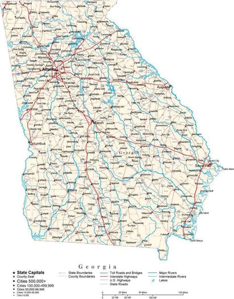 Georgia With Capital Counties Cities Roads Rivers And Lakes