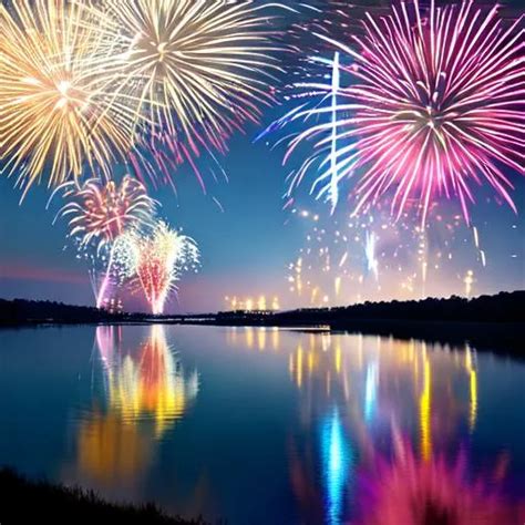 Fireworks Over Water With Reflection