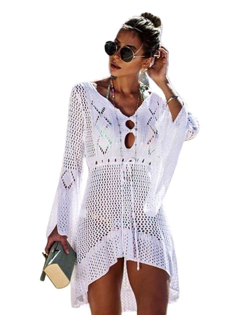 Woman Cover Up For Beach Summer Knit Hollow Out Swimwear Bandage V Neck