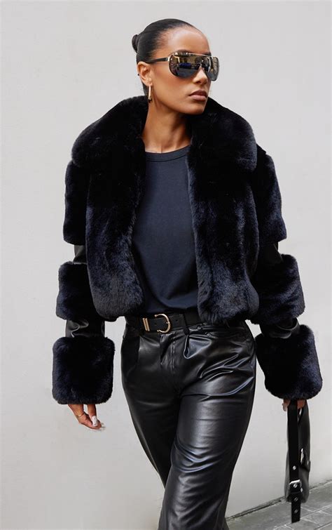 black faux fur cropped bubbled coat prettylittlething