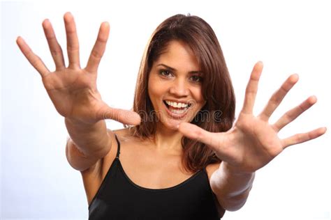 Beautiful Happy Young Woman Reaching Out Big Smile Stock Image Image