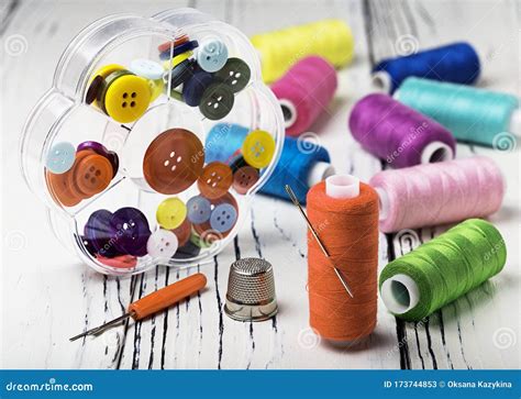 Sewing Kit From Of Colored Thread Buttons Needles Stock Image Image