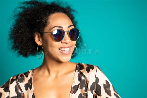Fashion Shot African Girl Sunglasses Posing Dark Background Stock