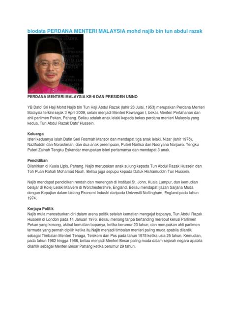 Biodata Perdana Menteri Malaysia Mohd Najib Bin Tun Abdul Razak