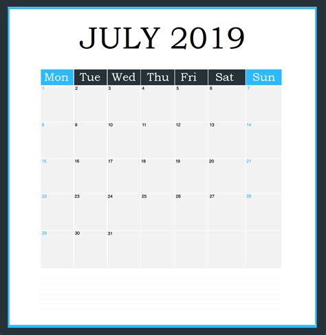 July 2019 Editable Calendar Calendar Word Printable Calendar July