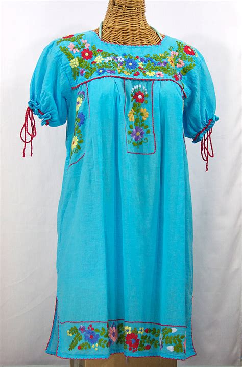 La Antigua Mexican Embroidered Peasant Dress Turquoise Red Trim