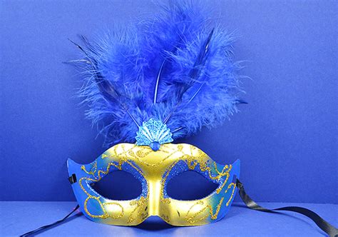 7 Royal Blue With Gold Accents Mardi Gras Glitter Feather Masquerade