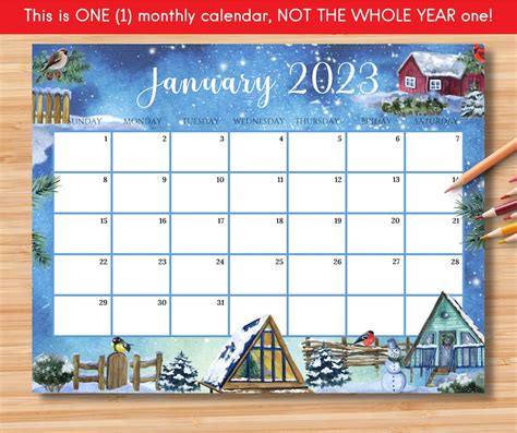 Editable January 2023 Calendar Beautiful Winter In A Village Etsy