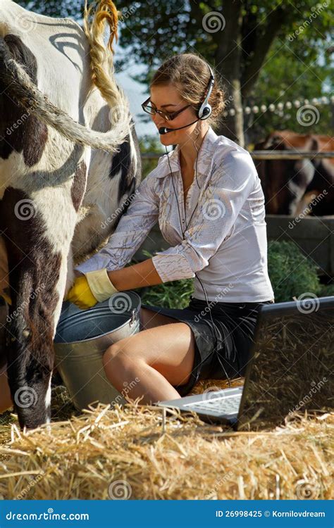 Woman Milking Cow Stock Image Image Of Healthy Milkmaid 26998425