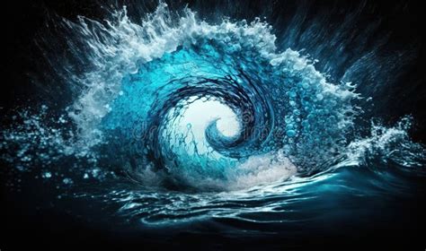 A Large Blue Wave In The Ocean With A Black Background Stock