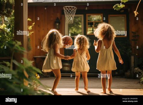 Happy Kids Playing Basketball At The Driveway Of Their Home Portable